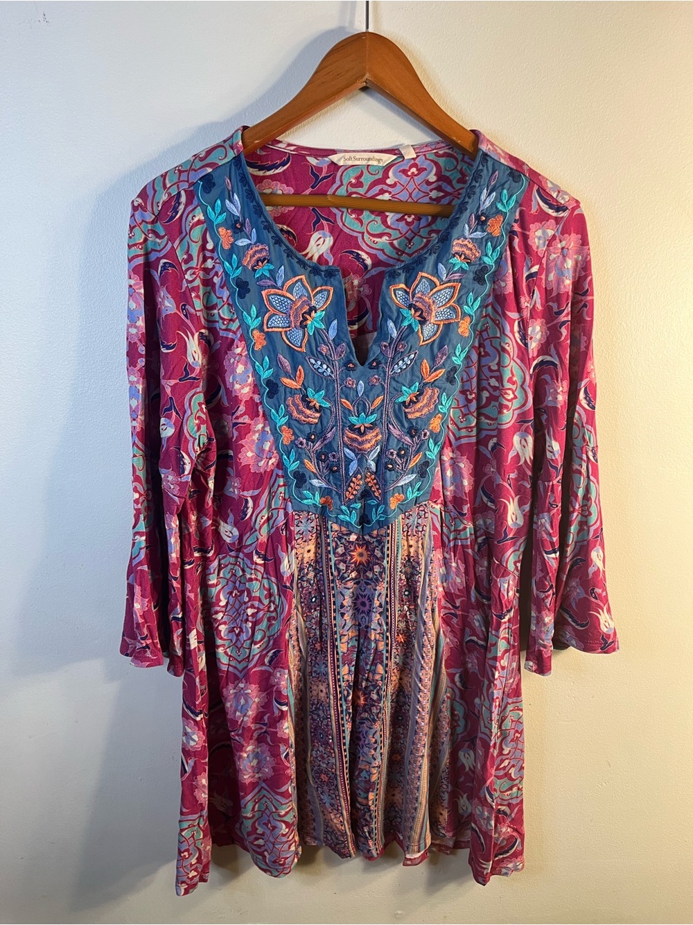 Soft Surroundings Pink Floral Embroidered V-Neck Tunic